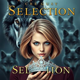 A captivating book cover in the style of Kiera Cass's 'The Selection', featuring a majestic wolf in the background with a protective gaze directed at a young woman