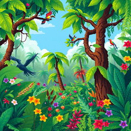 A vibrant pixel art scene depicting a lush jungle filled with various tropical plants, trees, and colorful flowers