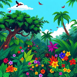 A vibrant pixel art scene depicting a lush jungle filled with various tropical plants, trees, and colorful flowers