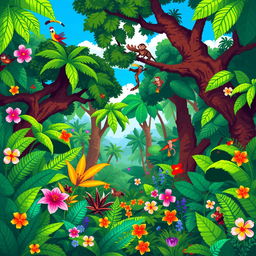 A vibrant pixel art scene depicting a lush jungle filled with various tropical plants, trees, and colorful flowers