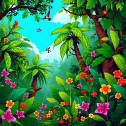 A vibrant pixel art scene depicting a lush jungle filled with various tropical plants, trees, and colorful flowers