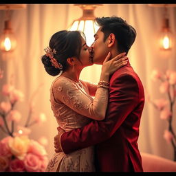 A romantic scene capturing Asian lovers passionately kissing under a warm, glowing light