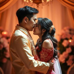 A romantic scene capturing Asian lovers passionately kissing under a warm, glowing light