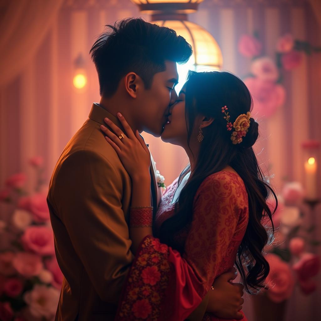 A romantic scene capturing Asian lovers passionately kissing under a warm, glowing light