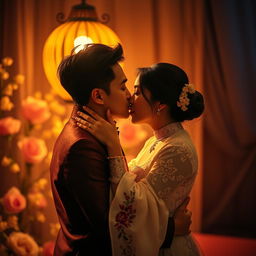 A romantic scene capturing Asian lovers passionately kissing under a warm, glowing light