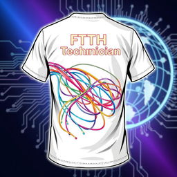 A vibrant t-shirt design for professionals working on Fiber To The Home (FTTH) networks, featuring bold, eye-catching graphics