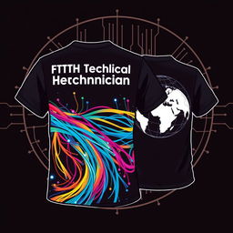 A vibrant t-shirt design for professionals working on Fiber To The Home (FTTH) networks, featuring bold, eye-catching graphics