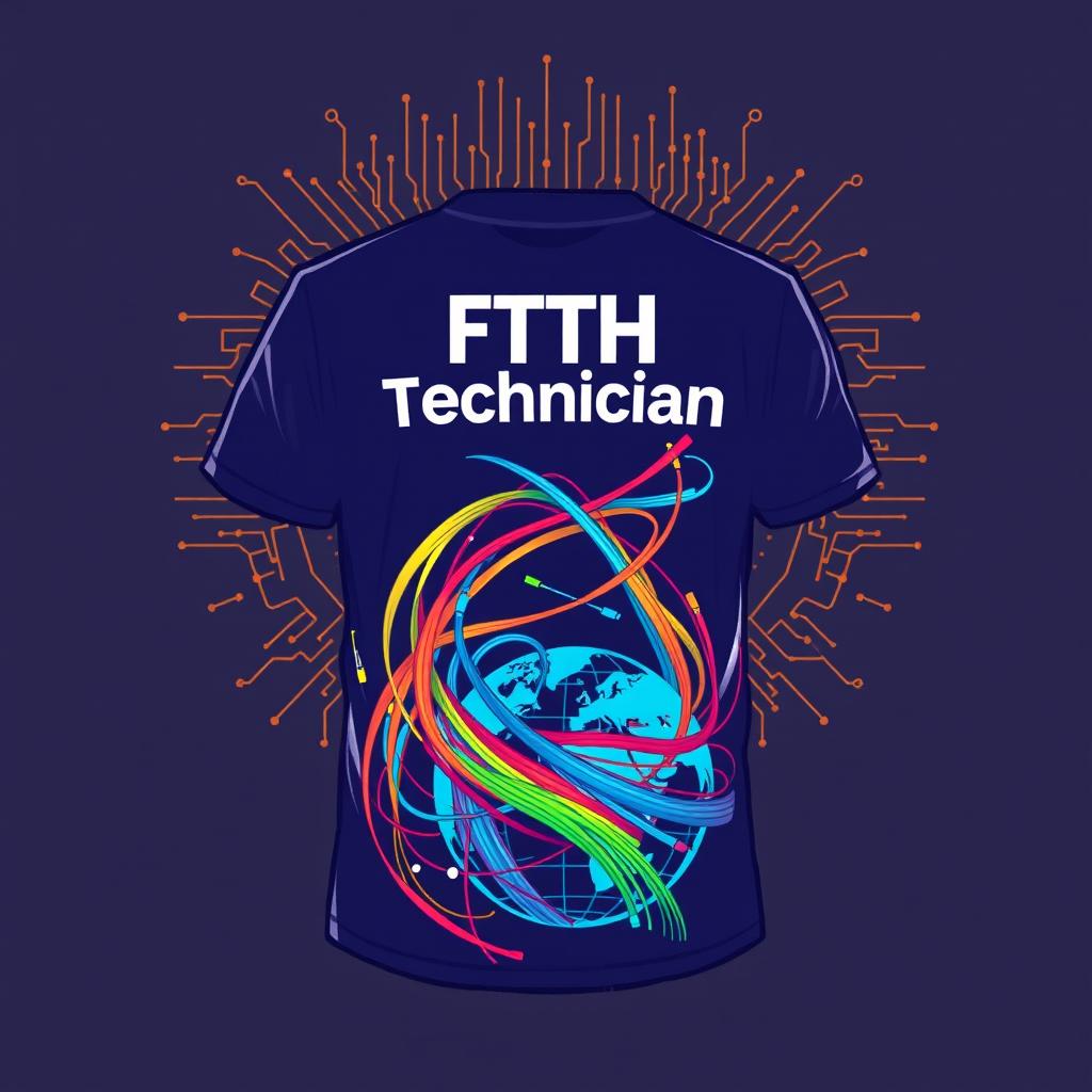 A vibrant t-shirt design for professionals working on Fiber To The Home (FTTH) networks, featuring bold, eye-catching graphics