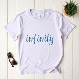 A flat lay image of a simple, classic plain t-shirt designed with the word 'infinity' artistically printed on it