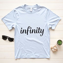 A flat lay image of a simple, classic plain t-shirt designed with the word 'infinity' artistically printed on it