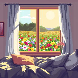 A cozy pixel art bedroom with soft, inviting furnishings