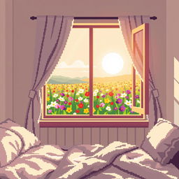 A cozy pixel art bedroom with soft, inviting furnishings