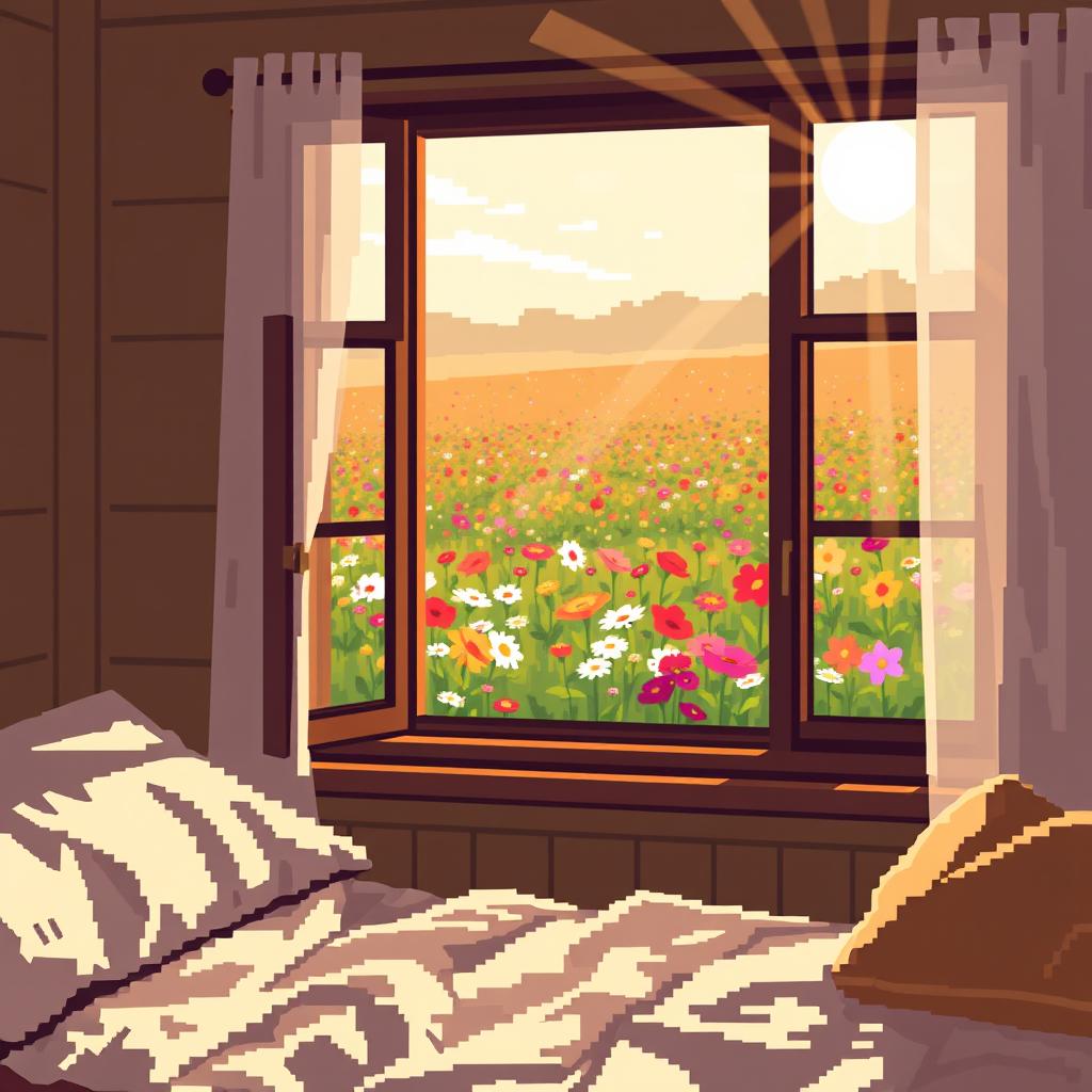 A cozy pixel art bedroom with soft, inviting furnishings