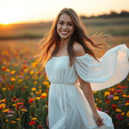 A beautiful woman standing in a vibrant field of wildflowers, wearing a flowing white dress that gently catches the breeze