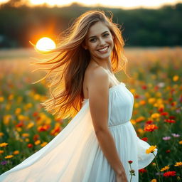 A beautiful woman standing in a vibrant field of wildflowers, wearing a flowing white dress that gently catches the breeze