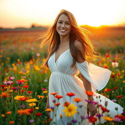 A beautiful woman standing in a vibrant field of wildflowers, wearing a flowing white dress that gently catches the breeze