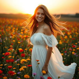 A beautiful woman standing in a vibrant field of wildflowers, wearing a flowing white dress that gently catches the breeze