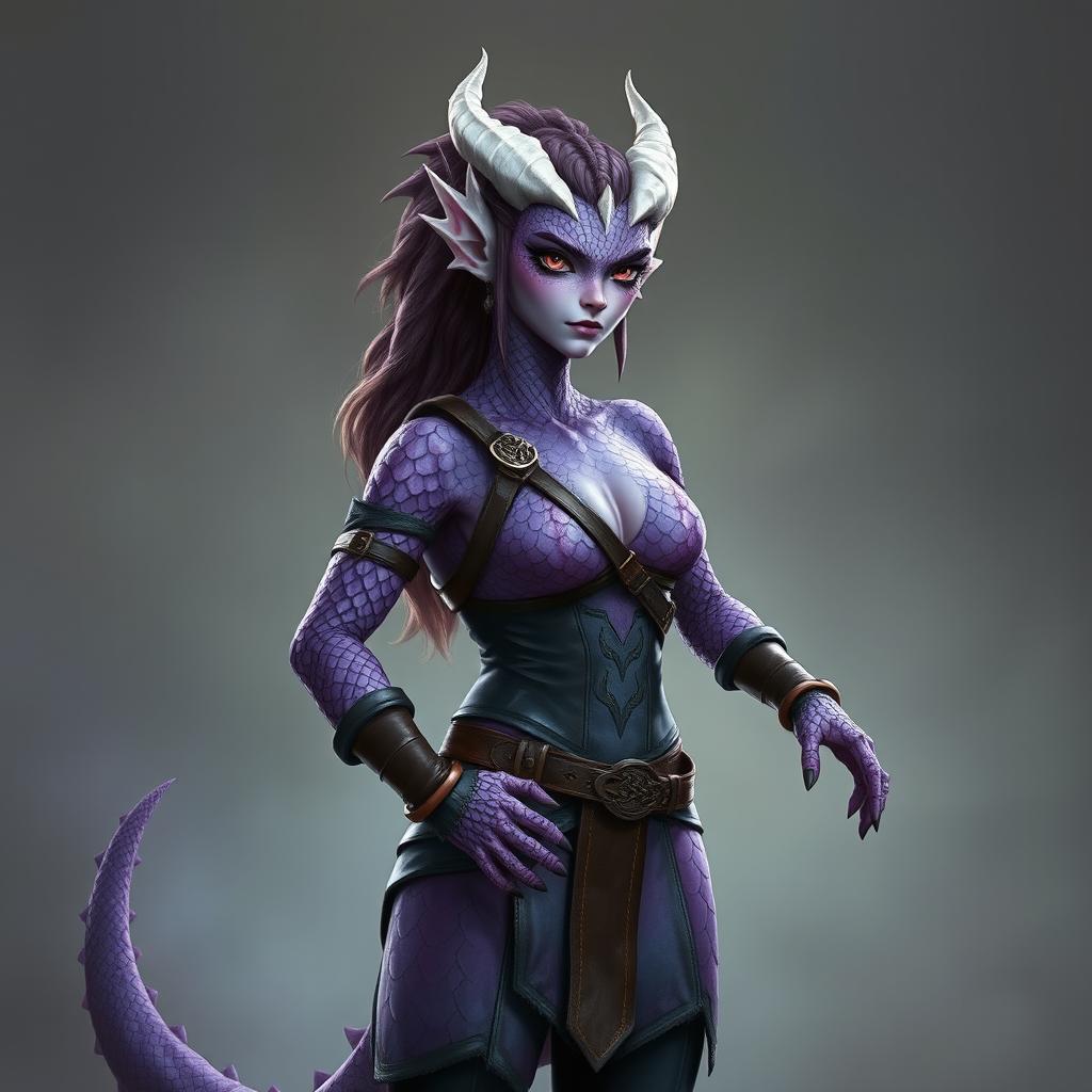 A female Dragonborn character with bright purple lilac scales and small, lightning-shaped white horns