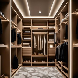 An elegantly designed walk-in closet of dimensions 3 meters by 1.2 meters, exuding sophistication with premium materials, various high-end garments, and stylish accessories.