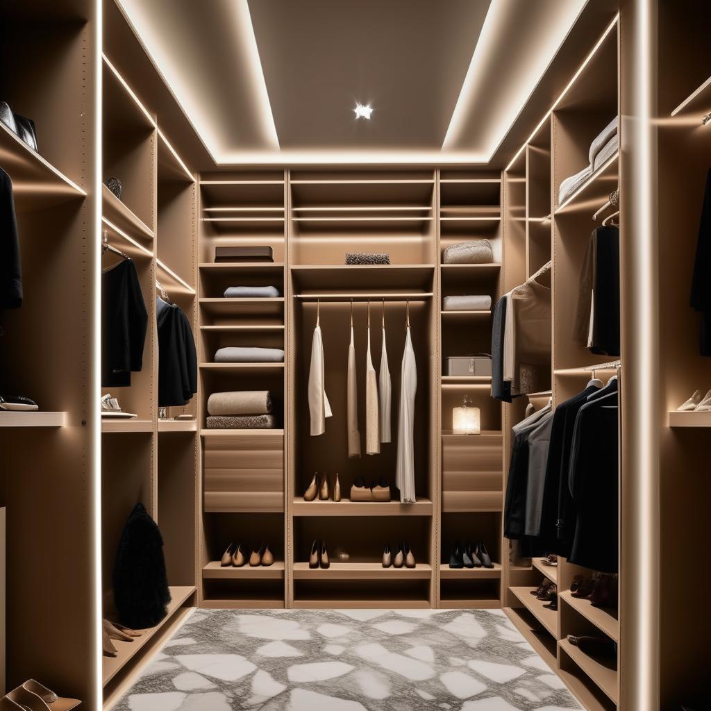 An elegantly designed walk-in closet of dimensions 3 meters by 1.2 meters, exuding sophistication with premium materials, various high-end garments, and stylish accessories.