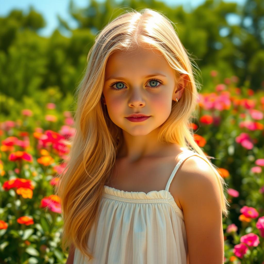 A stunning blonde girl with striking blue eyes, cascading golden locks framing her face, standing outdoors in a sunlit garden filled with vibrant flowers