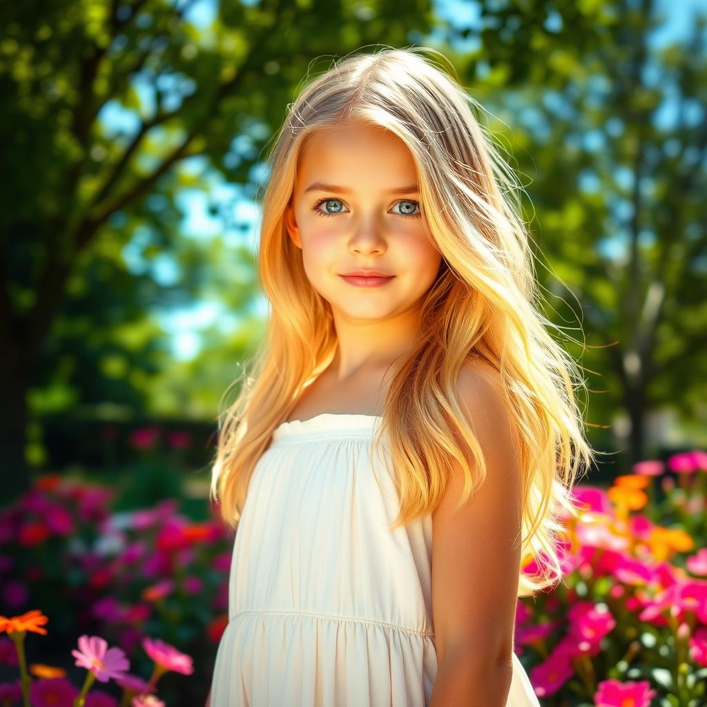 A stunning blonde girl with striking blue eyes, cascading golden locks framing her face, standing outdoors in a sunlit garden filled with vibrant flowers