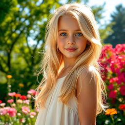 A stunning blonde girl with striking blue eyes, cascading golden locks framing her face, standing outdoors in a sunlit garden filled with vibrant flowers