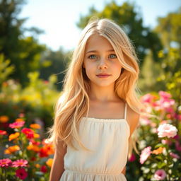 A stunning blonde girl with striking blue eyes, cascading golden locks framing her face, standing outdoors in a sunlit garden filled with vibrant flowers