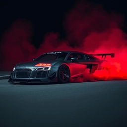 An Audi R8, modified with an impressive body kit for drifting, showcased in a dramatic nighttime scene