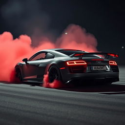 An Audi R8, modified with an impressive body kit for drifting, showcased in a dramatic nighttime scene