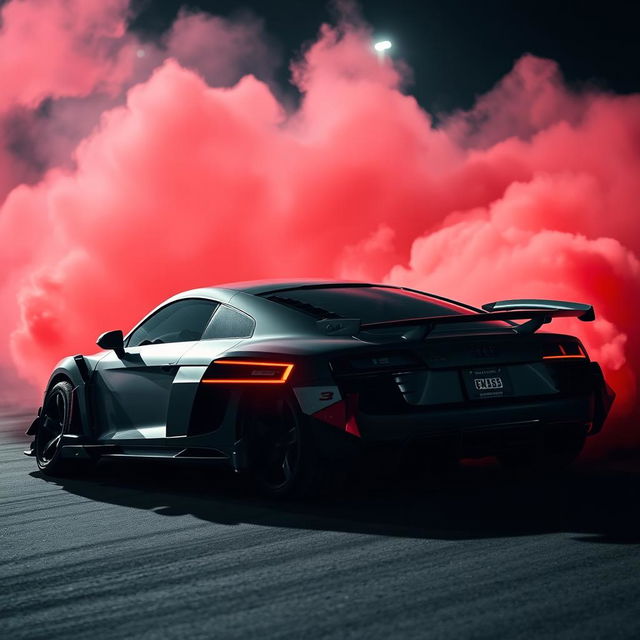 An Audi R8, modified with an impressive body kit for drifting, showcased in a dramatic nighttime scene