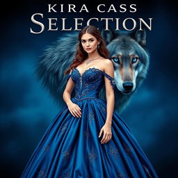 A captivating book cover inspired by the style of Kiera Cass's 'The Selection', featuring rich sapphire blue tones