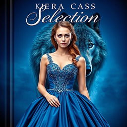 A captivating book cover inspired by the style of Kiera Cass's 'The Selection', featuring rich sapphire blue tones