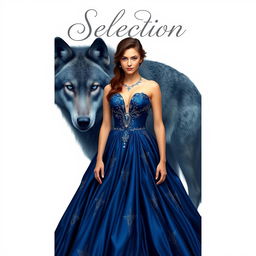 A captivating book cover inspired by the style of Kiera Cass's 'The Selection', featuring rich sapphire blue tones