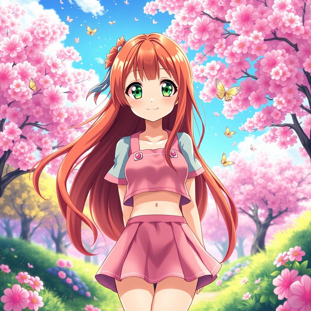 A stunning redhead anime girl with long flowing hair, big expressive green eyes, and a playful smile