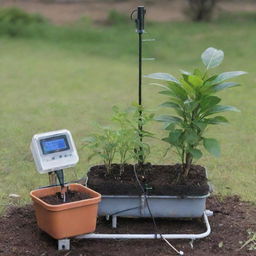 Illustrate an automated watering system showcasing temperature, humidity and soil moisture sensors using DHT22 and Arduino Uno. Include elements of enhanced plantation and solar power in the setup.