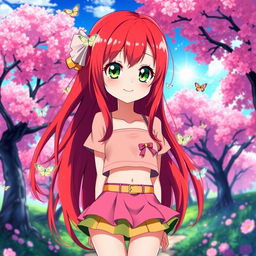 A stunning redhead anime girl with long flowing hair, big expressive green eyes, and a playful smile