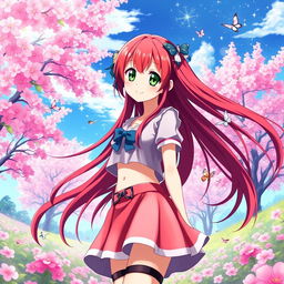 A stunning redhead anime girl with long flowing hair, big expressive green eyes, and a playful smile