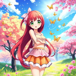 A stunning redhead anime girl with long flowing hair, big expressive green eyes, and a playful smile