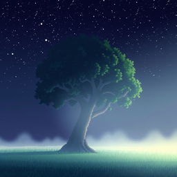 A large, majestic pixel art tree standing alone in a vast, open field under a starry night sky