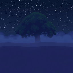 A large, majestic pixel art tree standing alone in a vast, open field under a starry night sky