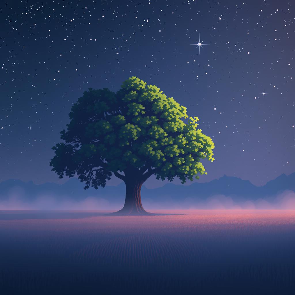 A large, majestic pixel art tree standing alone in a vast, open field under a starry night sky