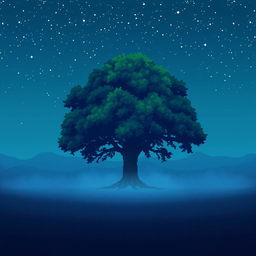 A large, majestic pixel art tree standing alone in a vast, open field under a starry night sky