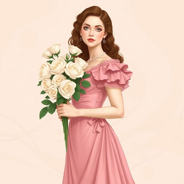 A fair-skinned woman elegantly dressed in a pink Victorian dress, standing gracefully while holding a bouquet of pristine white roses