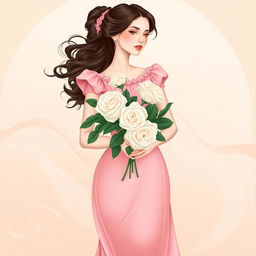 A fair-skinned woman elegantly dressed in a pink Victorian dress, standing gracefully while holding a bouquet of pristine white roses