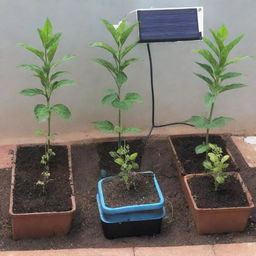 Illustrate an automated watering system showcasing temperature, humidity and soil moisture sensors using DHT22 and Arduino Uno. Include elements of enhanced plantation and solar power in the setup.