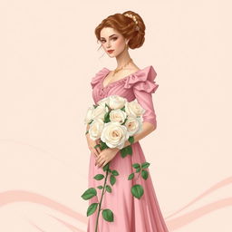 A fair-skinned woman elegantly dressed in a pink Victorian dress, standing gracefully while holding a bouquet of pristine white roses