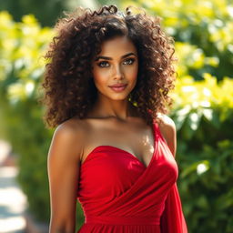 A stunning woman with beautiful, voluminous curly hair and striking green eyes, wearing an elegant red dress that flows gracefully around her