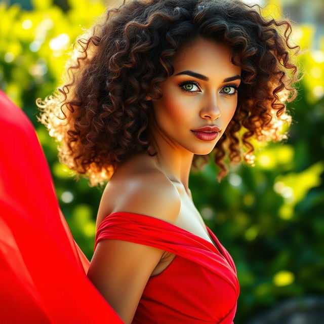 A stunning woman with beautiful, voluminous curly hair and striking green eyes, wearing an elegant red dress that flows gracefully around her