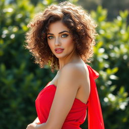 A stunning woman with beautiful, voluminous curly hair and striking green eyes, wearing an elegant red dress that flows gracefully around her